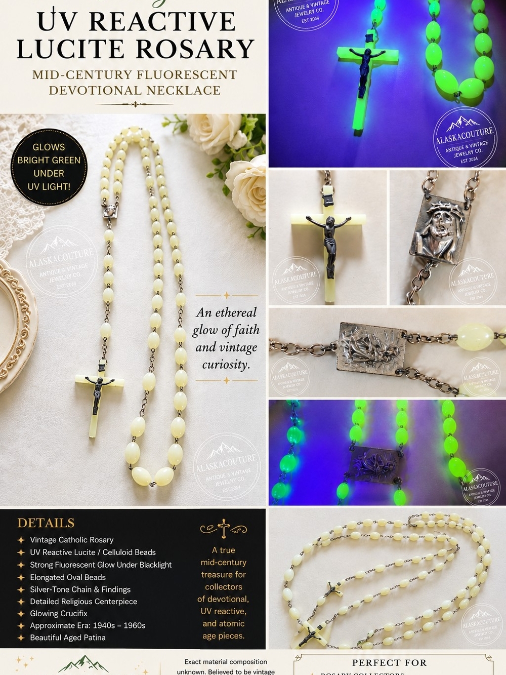 Vintage Rosary Necklace 💚UV REACTIVE💚Chartreuse Cream (Glows Green Under UV)